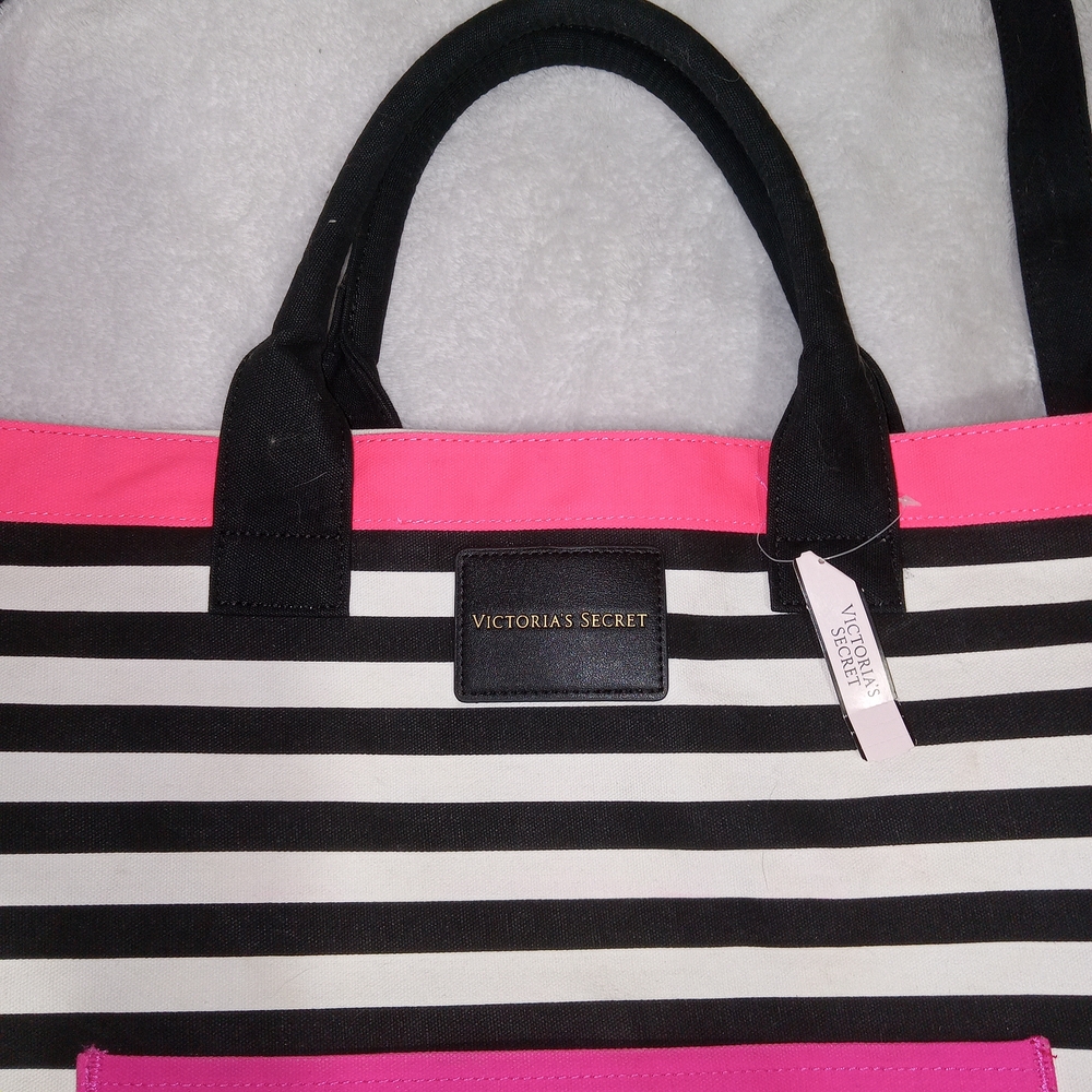 Victoria's Secret Black and Pink Striped Tote Bag NWT Vibrant-copy - Picture 2 of 7